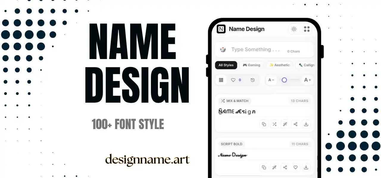 Name design generator showing stylish name fonts and symbols